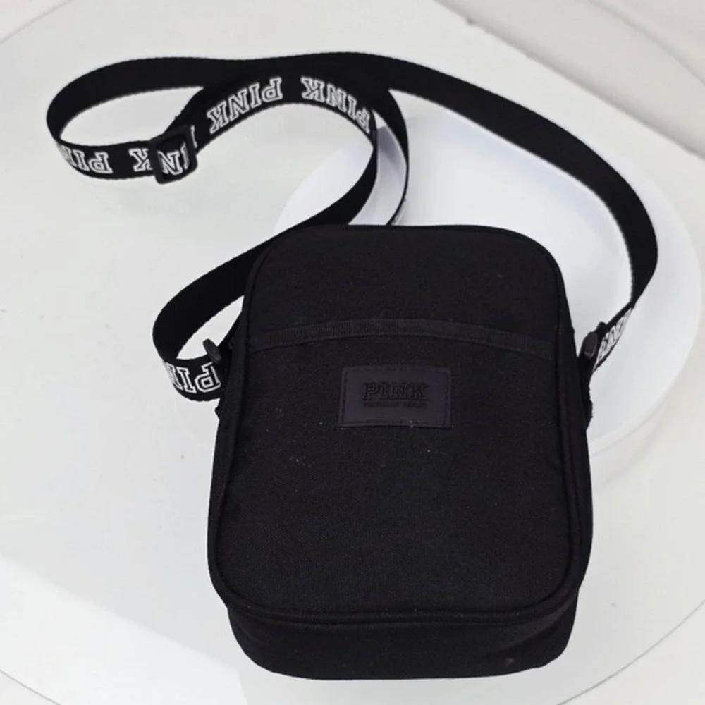PINK Victoria's Secret Crossbody Bag OS Black Canvas Logo Strap Sporty Festival
